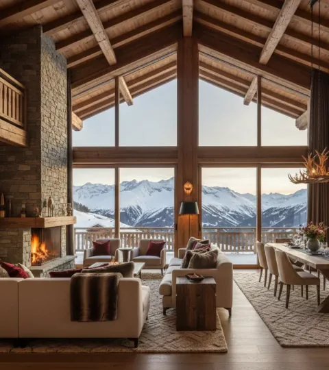 Intérieur lumineux d'un appart-hôtel de montagne