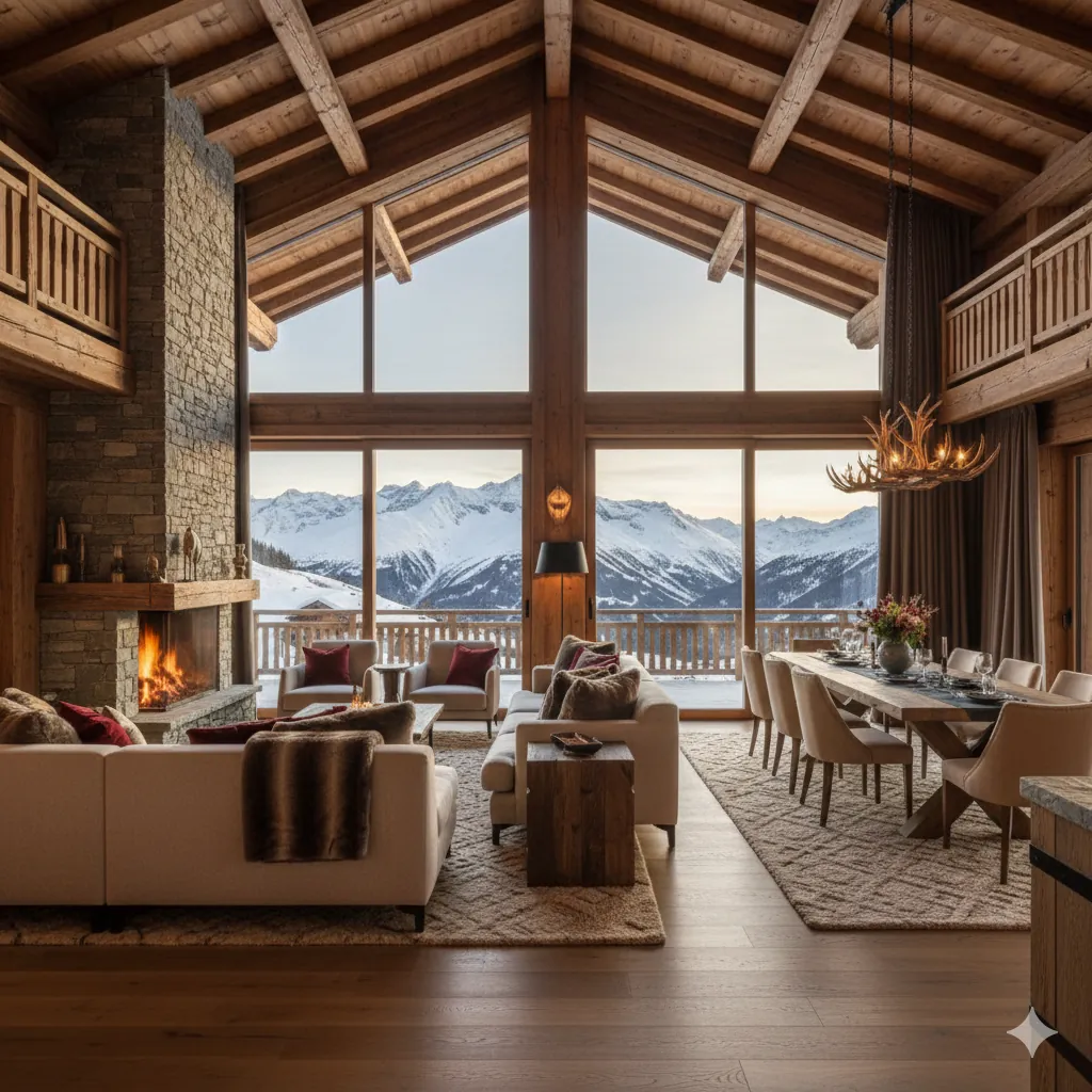 Intérieur lumineux d'un appart-hôtel de montagne